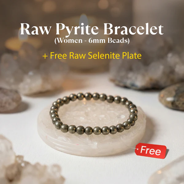 RAW_Pyrite_Bracelet_for_Women (1) Raw Pyrite Bracelet (Women - 6mm Beads) with FREE Raw Selenite Plate - Image 1
